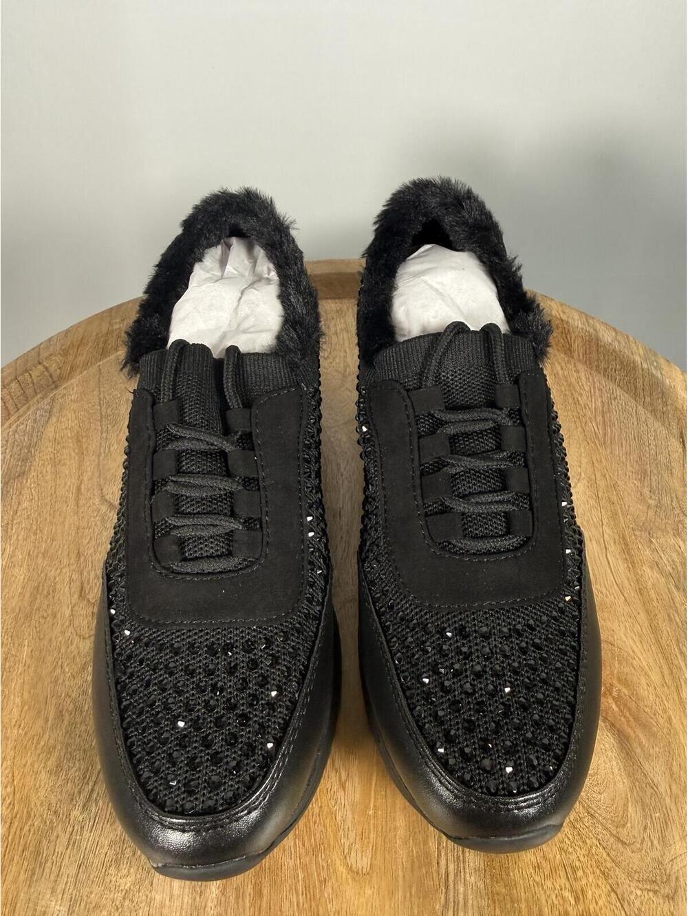 Kenneth Cole Reaction Black Cari Faux Fur Jewel Jogger Sneakers US 6.5M NWB - Picture 2 of 11